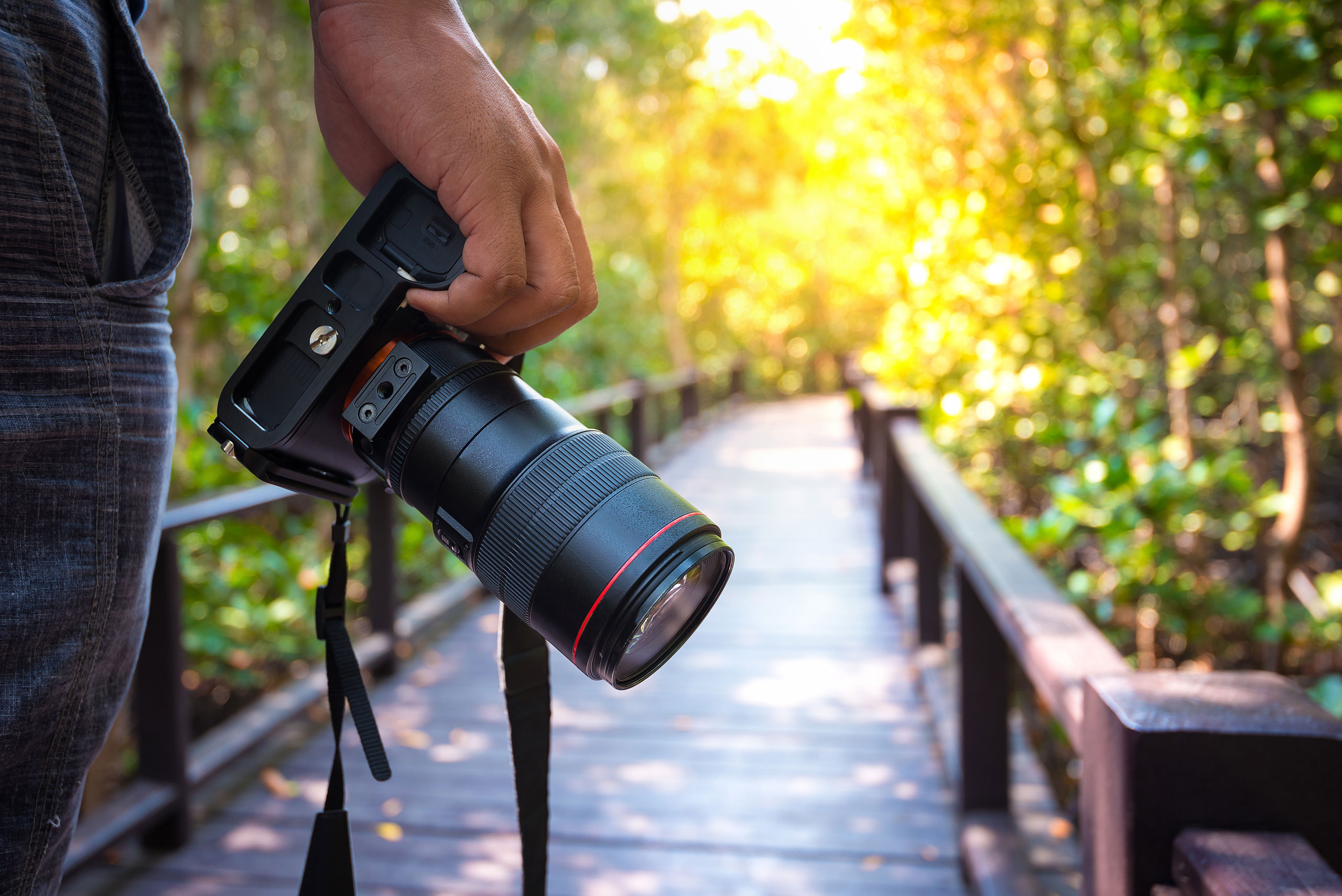 person carrying camera walking down path